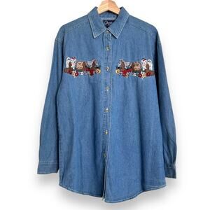 Vintage Quizz New York Cat and Dog Embroidered Grandma Denim Shirt Womens Size M